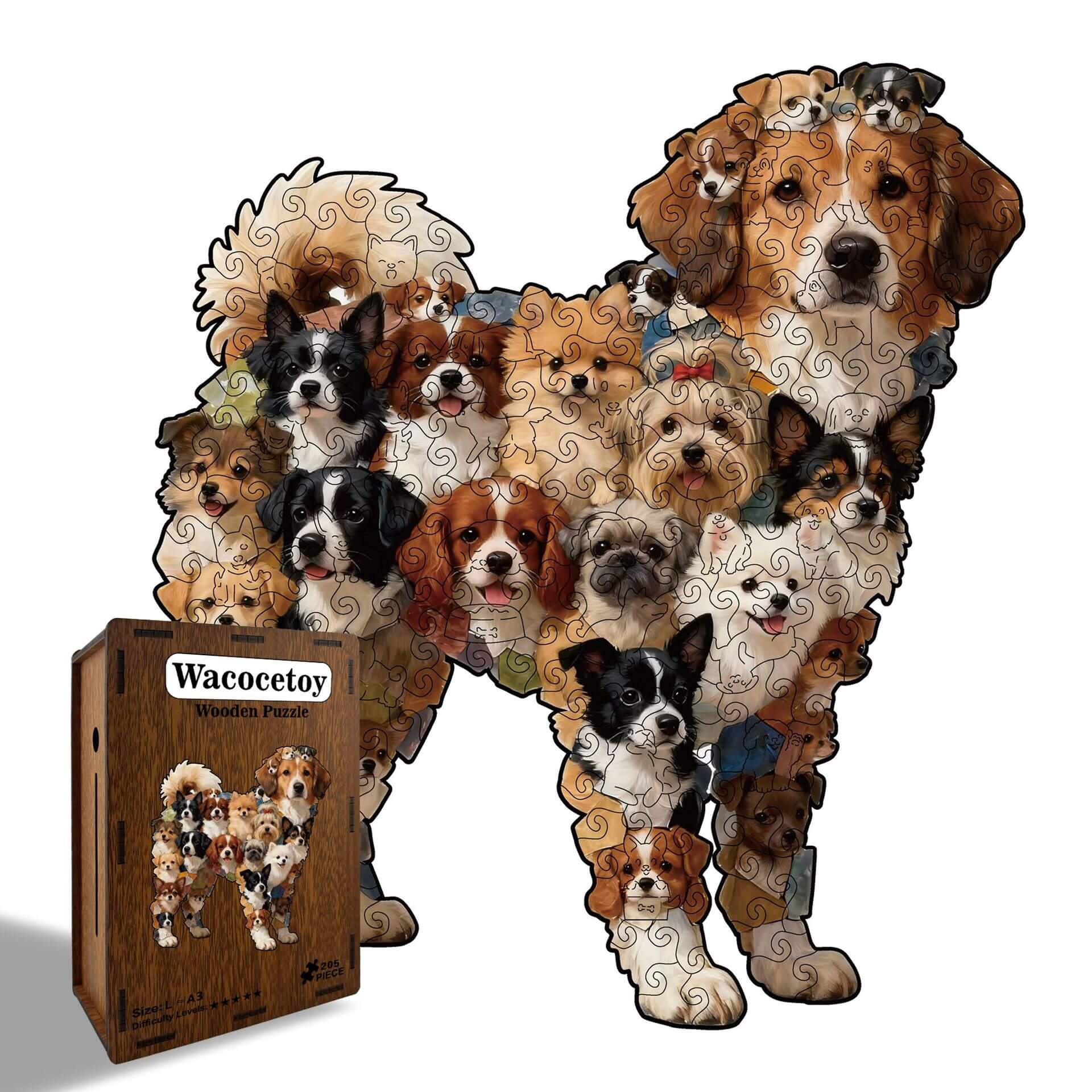 Unique shaped wooden puzzle featuring adorable dog, bone, and doghouse designs. Perfect for family fun, creativity, and home decor.